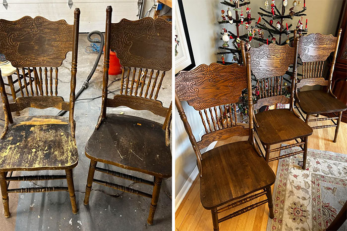 Before and after image of wooden chairs showing furniture flipping pros' expert restoration and refinishing skills.