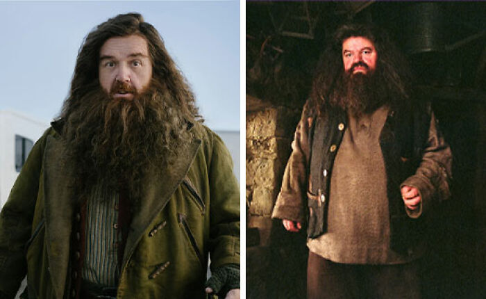 Side-by-side images of a character with a large beard showcasing a major detail change in HBO's Harry Potter fans upcoming show.