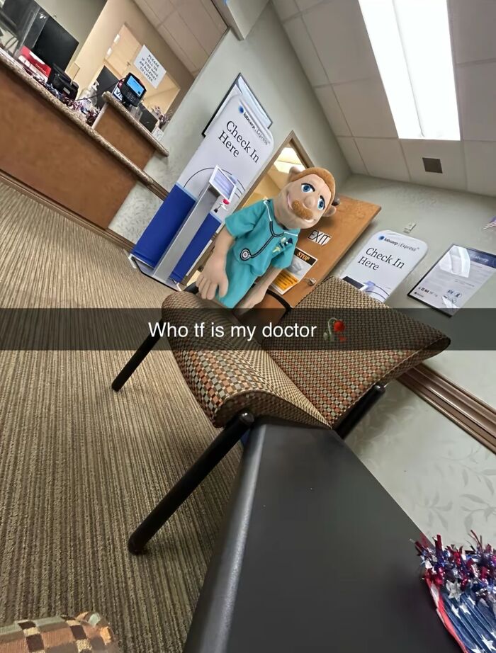 Unhinged humor meme showing a puppet doctor in a clinic waiting room with a funny caption about weird humor.