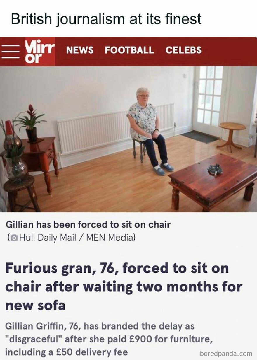Elderly woman sitting alone on a chair in a sparse room, showcasing British humor in a meme format.
