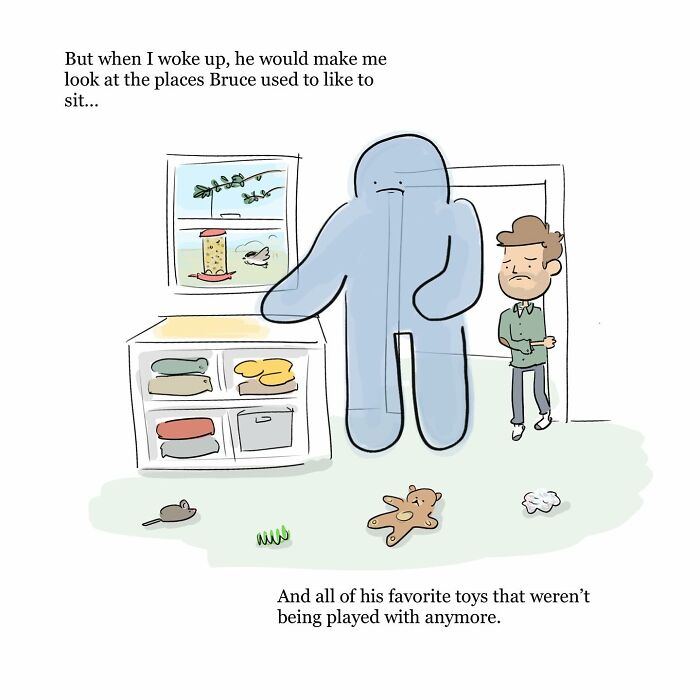 Illustration of a person sitting beside a large blue figure on a couch, depicting grief and inner struggle in funny comics.