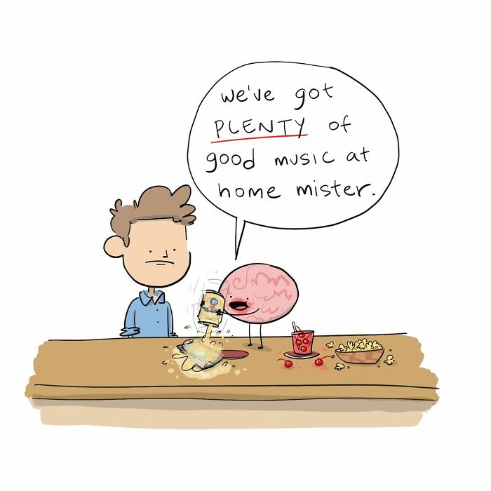 A funny comic showing a person arguing with their own brain at a bar with drinks and snacks.