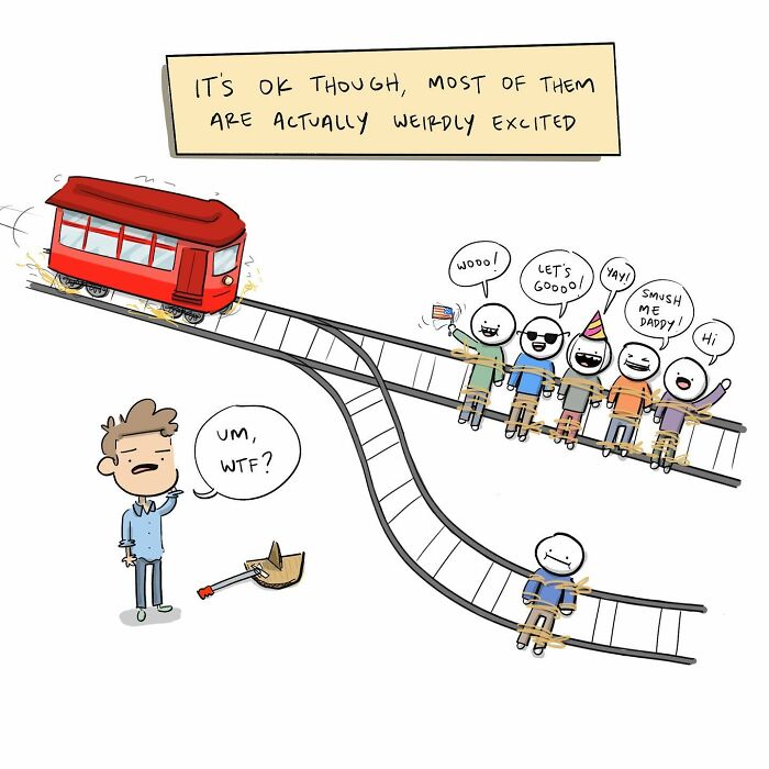 Red runaway trolley speeding down train tracks in a funny comic illustrating arguing with your own brain.