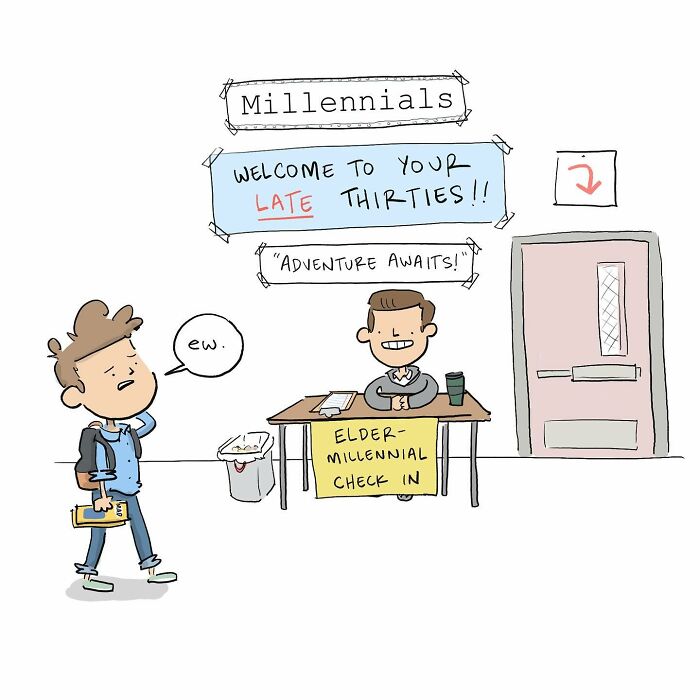 Cartoon showing a person approaching Age-Con building with a 2024 blimp and cars under spotlights in a funny comic style.