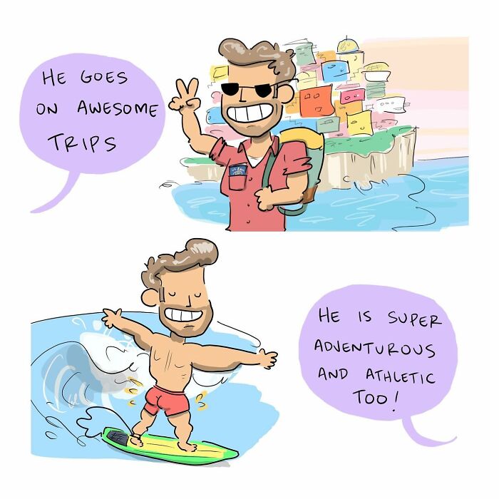 Funny comics showing a person ignoring their brain, which is drawing a colorful picture nearby.