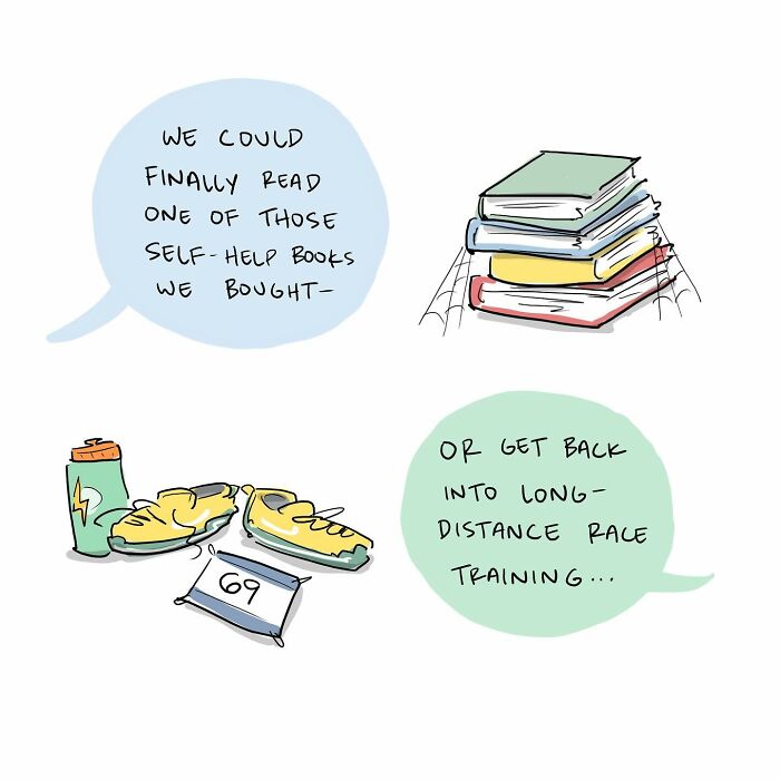 Cartoon of a person drawing with a walking brain beside them labeled walking with purpose, funny comics brain theme.