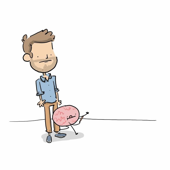 Cartoon of a man arguing with a talking brain saying we’re so easygoing, illustrating funny comics about arguing with the brain.