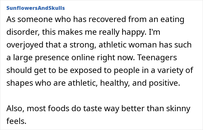 Comment highlighting support for Ilona Maher's positive response to Kate Moss&rsquo; skinny quote, promoting healthy body image.
