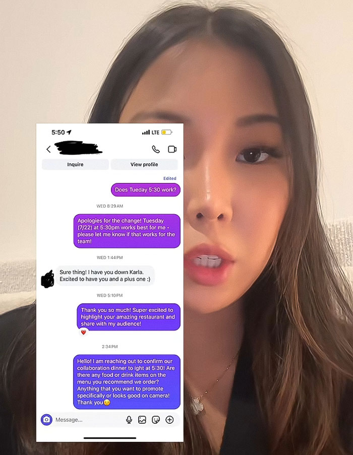 Young woman sharing messages about collaboration with restaurant, highlighting chef and micro influencer conflict over follower count.