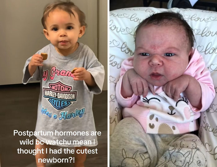 Toddler and newborn baby featured in a post about women calling out their postpartum hormones effects.
