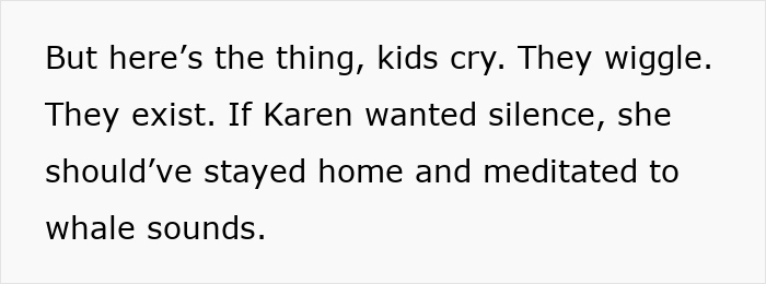 Text excerpt discussing a mom&rsquo;s response to an uptight passenger named Karen on a public flight with kids crying and wiggling.
