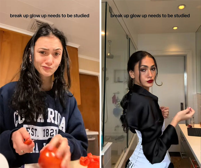 Before and after breakup glow up comparison showing a woman’s transformation with makeup and styled hair indoors.