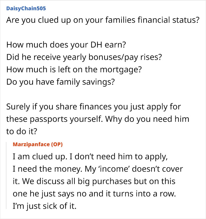 Online forum exchange about wife and kids not allowed passports due to husband's claim they can't afford them. - 23