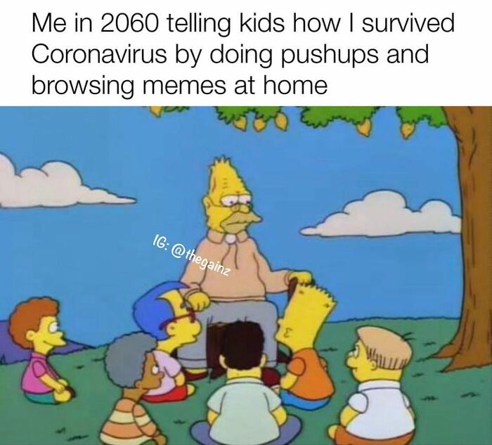 Animated scene of an elderly man telling kids about surviving Coronavirus with pushups and memes, gym humor meme.