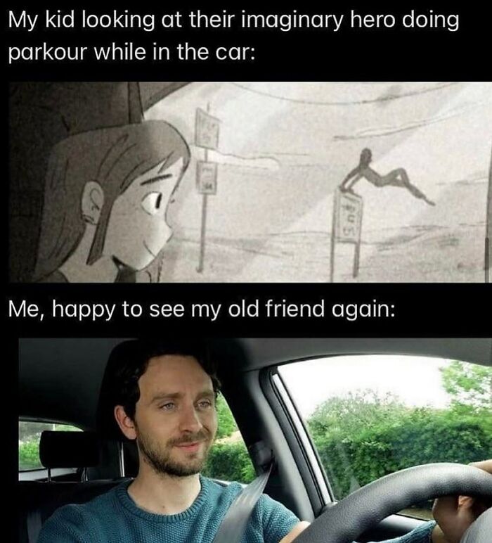 Child imagining hero doing parkour outside car window, adult smiling happily inside car, weird and unhinged humor meme.