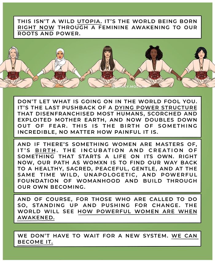 Illustration from Lainey Molnar comics exploring gender expectations, featuring a woman seated with symbolic sun and moon.