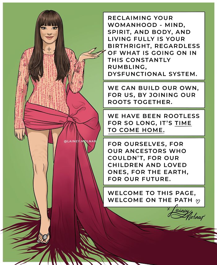 Illustration of a woman sitting on a crescent moon with text about reclaiming womanhood and gender expectations.