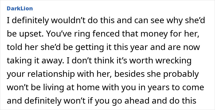 Comment about stealing daughter's trust fund causing upset and risking relationship by taking away promised money.