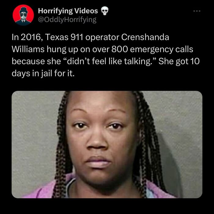 Mugshot of a woman linked to a horrifying story involving emergency calls, fitting the theme of unnerving and odd images.