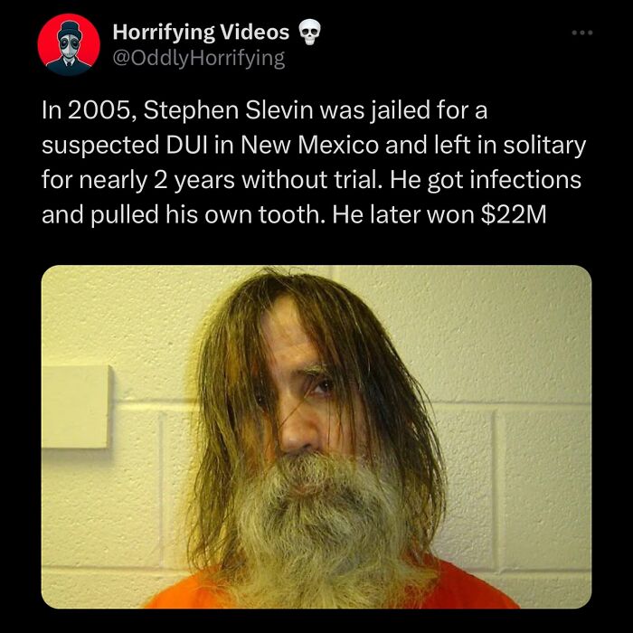 Man with long, unkempt hair and beard in an orange prison uniform, one of the most unnerving images that might give nightmares