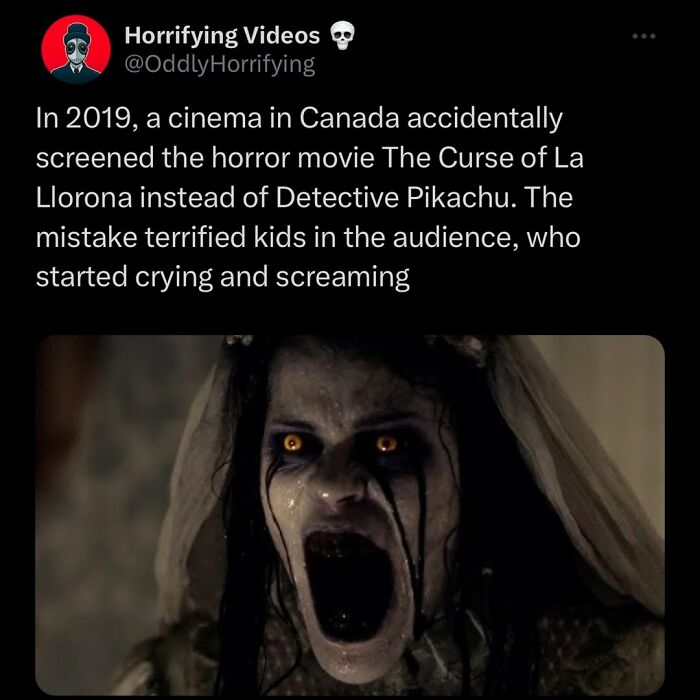 Screenshot of a tweet about a cinema accidentally screening a horror movie, featuring an unnerving, terrifying ghostly figure.