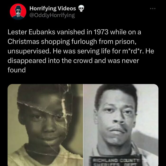 Twitter post about Lester Eubanks’ unsolved disappearance in 1973, with two black-and-white photos, related to unnerving images.