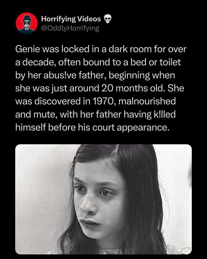 Black and white photo of a young girl alongside text about a***e and trauma in oddly horrifying images.
