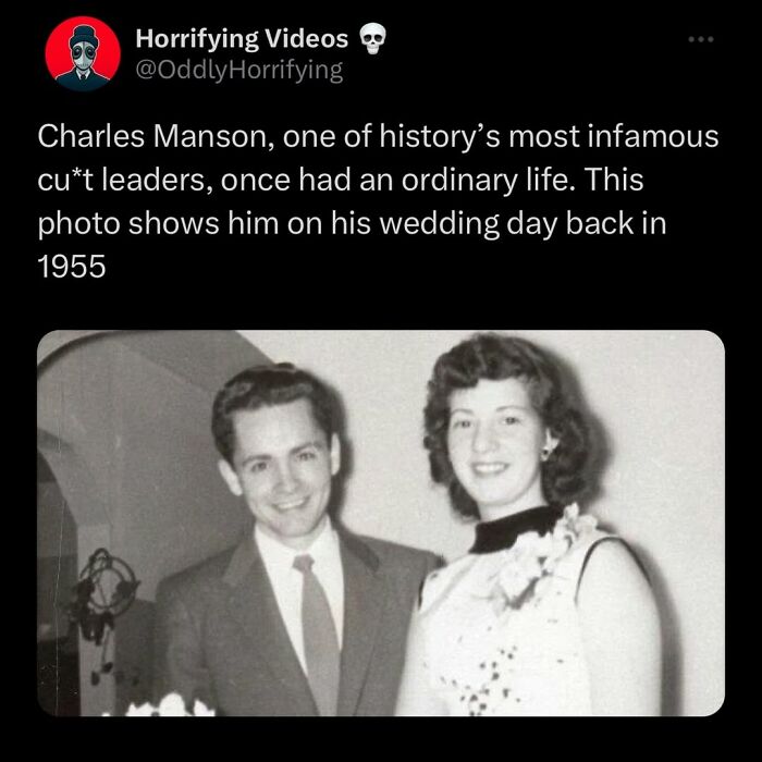 Black and white photo of Charles Manson on his wedding day in 1955, part of oddly horrifying unnerving images collection.
