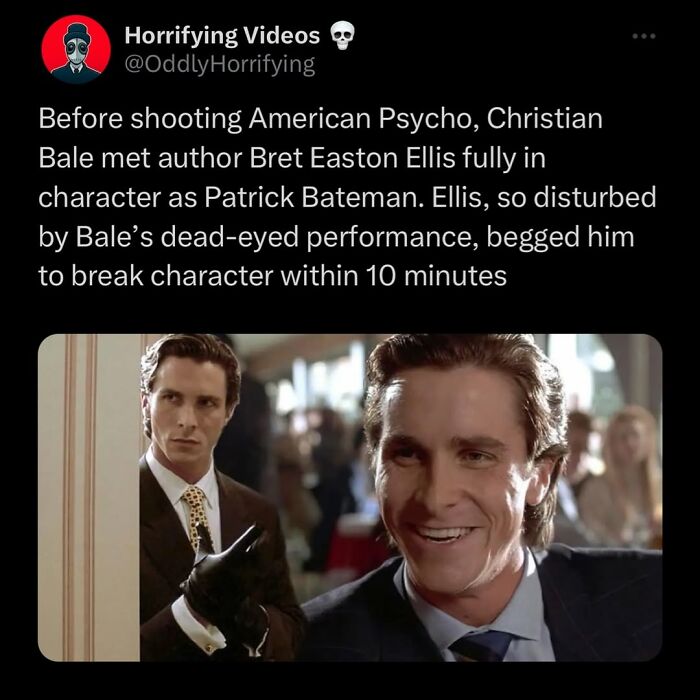 Christian Bale as Patrick Bateman meeting Bret Easton Ellis, an unnerving image from oddly horrifying performances.