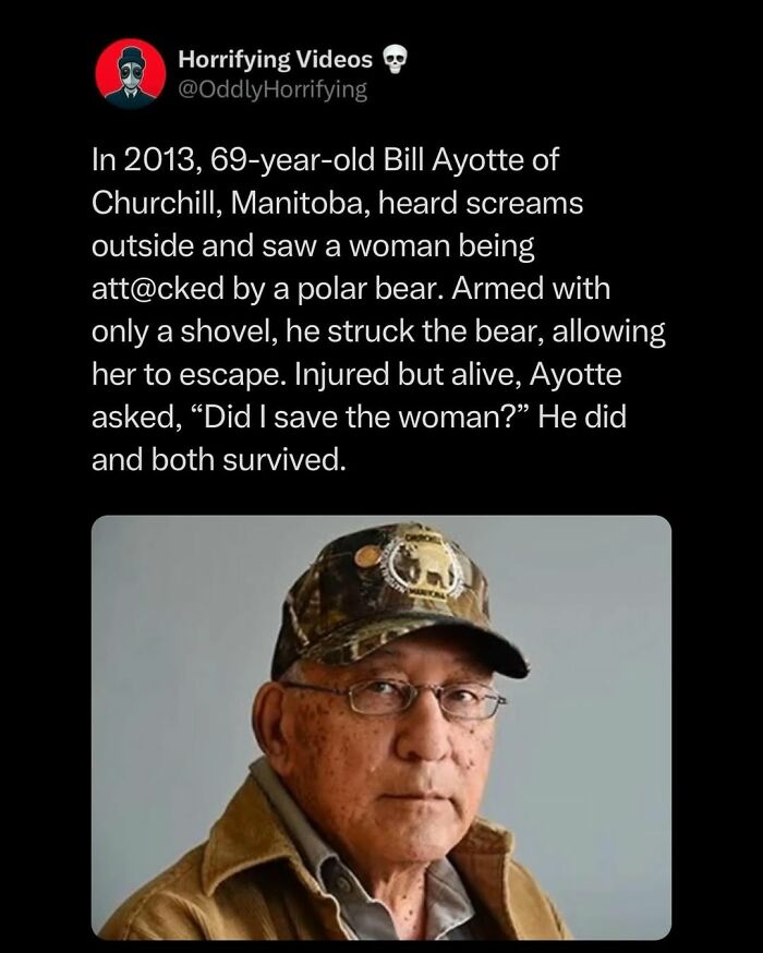 Older man in glasses and camouflage hat sharing a polar bear attack survival story in an unnerving image.
