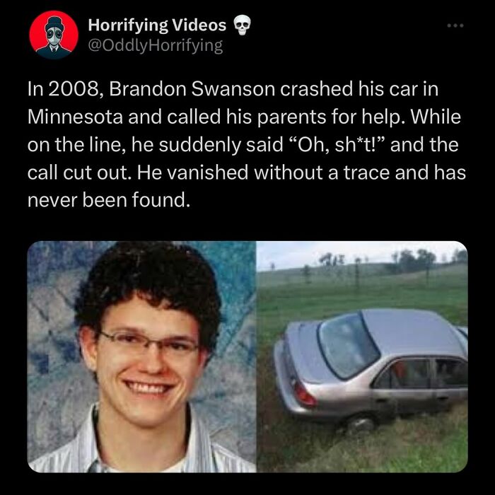 Photo collage of a missing young man and his crashed car, illustrating an oddly horrifying and unnerving disappearance case.