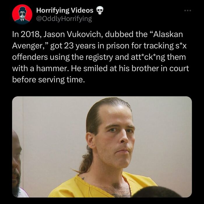 Man in yellow prison uniform with slicked-back hair in court, related to unnerving and oddly horrifying images.