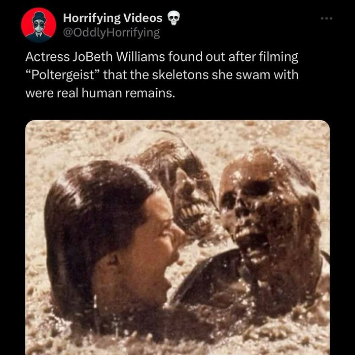 Actress JoBeth Williams in muddy water with real human skeletons, an oddly horrifying and unnerving scene from Poltergeist.