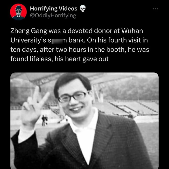 Social media post from Oddly Horrifying about a man who died donating blood, illustrating unnerving and oddly horrifying moments.