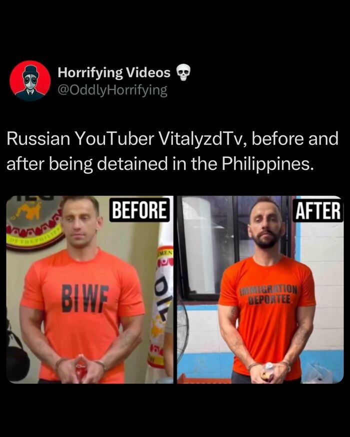 Before and after photos of Russian YouTuber detained in the Philippines, illustrating odd and horrifying transformation.