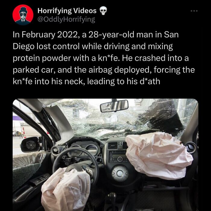 Car crash interior with deployed airbags showing impact damage, an oddly horrifying and unnerving scene.