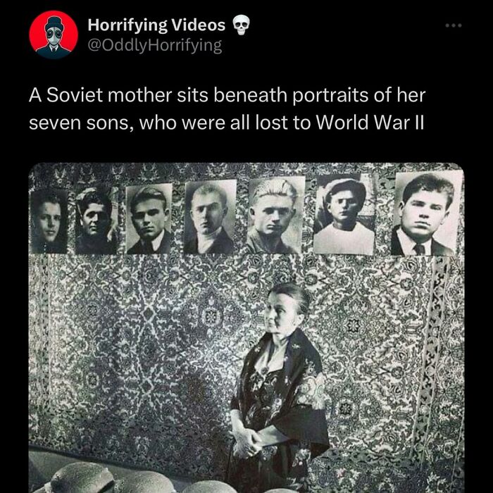 Soviet mother sitting beneath portraits of her seven sons lost in World War II, an oddly horrifying and unnerving image.