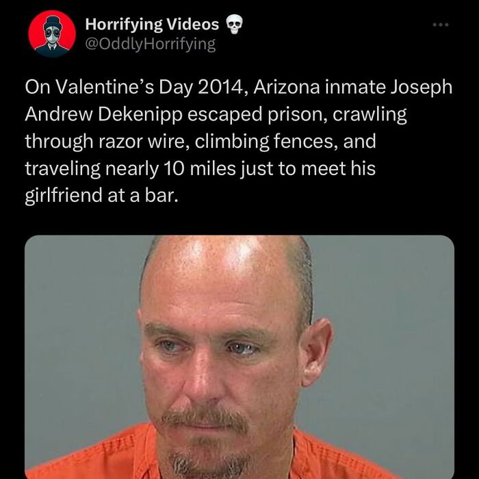 Mugshot of Arizona inmate Joseph Andrew Dekenipp who escaped prison, an unnerving image from odd horror stories.