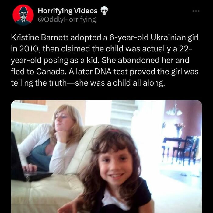 Unnerving image of a young girl smiling with a woman in the background, illustrating odd and horrifying stories.