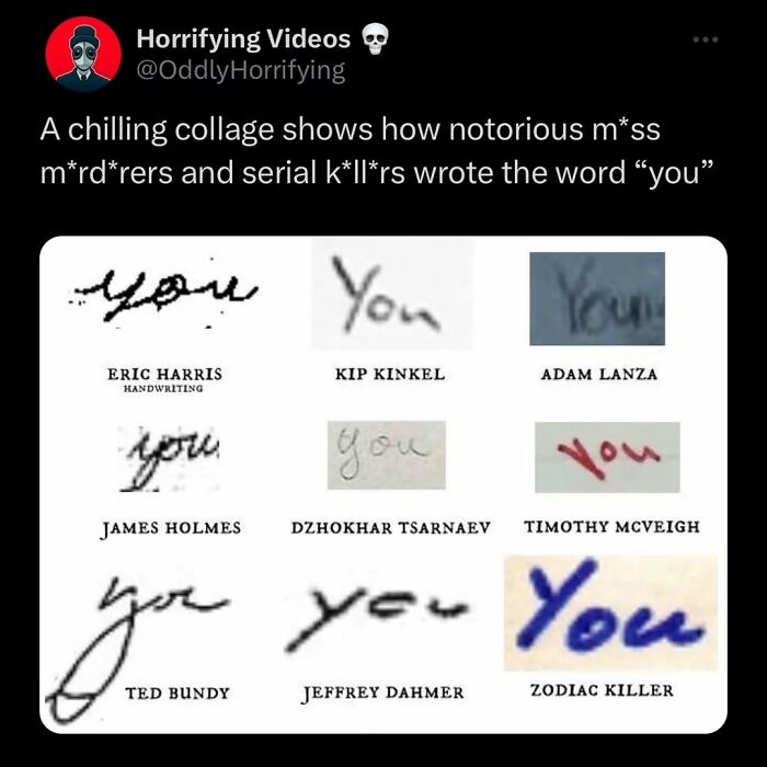 Collage showing how infamous killers wrote the word you in unsettling handwriting, part of oddly horrifying images collection.