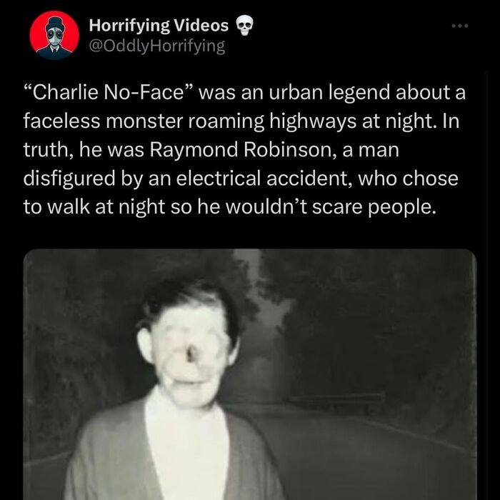 Faceless monster urban legend photo of Raymond Robinson, disfigured man walking highways at night, an oddly horrifying image.