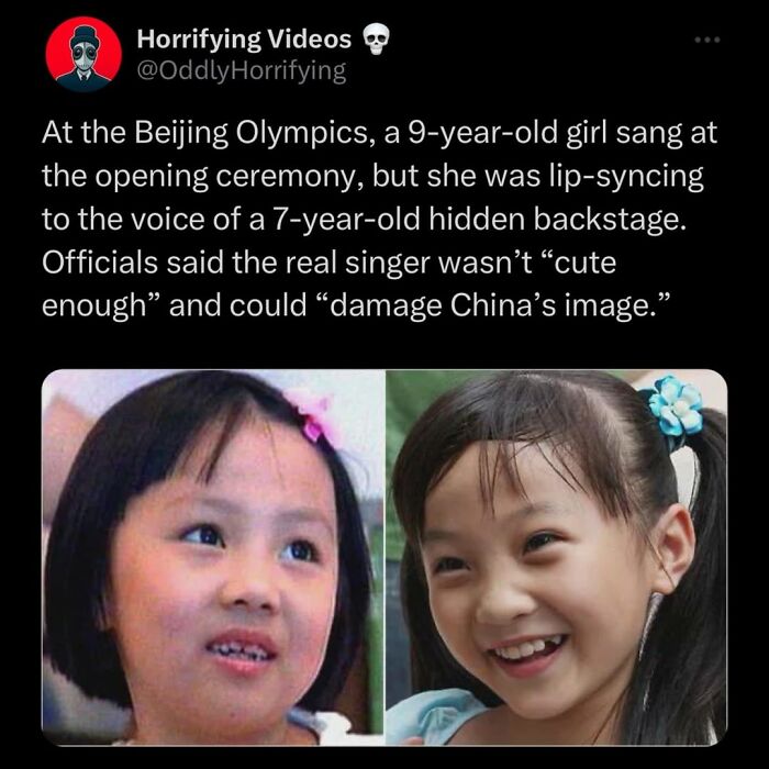 Tweet about Beijing Olympics lip-sync scandal with images of two young girls, highlighting unnerving and odd horror theme.
