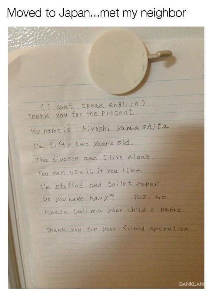 Handwritten note from a Japanese neighbor expressing gratitude and introducing himself, showcasing beauty of planet Earth connection.