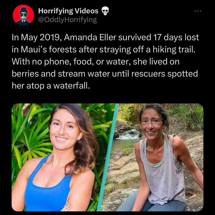 Before and after photos of Amanda Eller who survived 17 days lost in Maui’s forest, an unnerving survival story.
