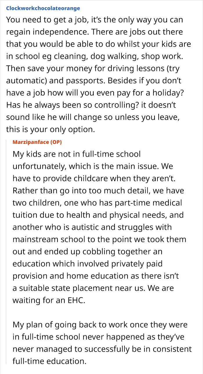 Forum discussion about wife and kids not being allowed passports due to affordability and childcare challenges. - 24