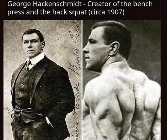 Black and white photos of George Hackenschmidt, early fitness pioneer and creator of the bench press and hack squat.