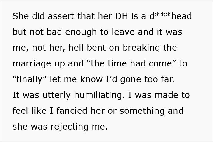 Text excerpt discussing feelings of humiliation and rejection after cutting off a friend who stayed in an abusive marriage.