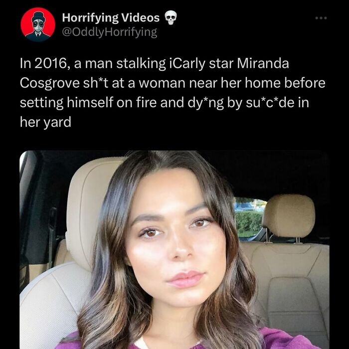 Screenshot of an unnerving tweet about a stalking incident involving Miranda Cosgrove, part of oddly horrifying images.