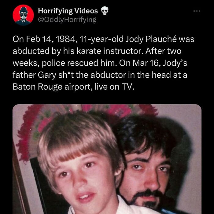 Tweet describing the 1984 abduction of 11-year-old Jody Plauché with a photo of two men, evoking oddly horrifying feelings.