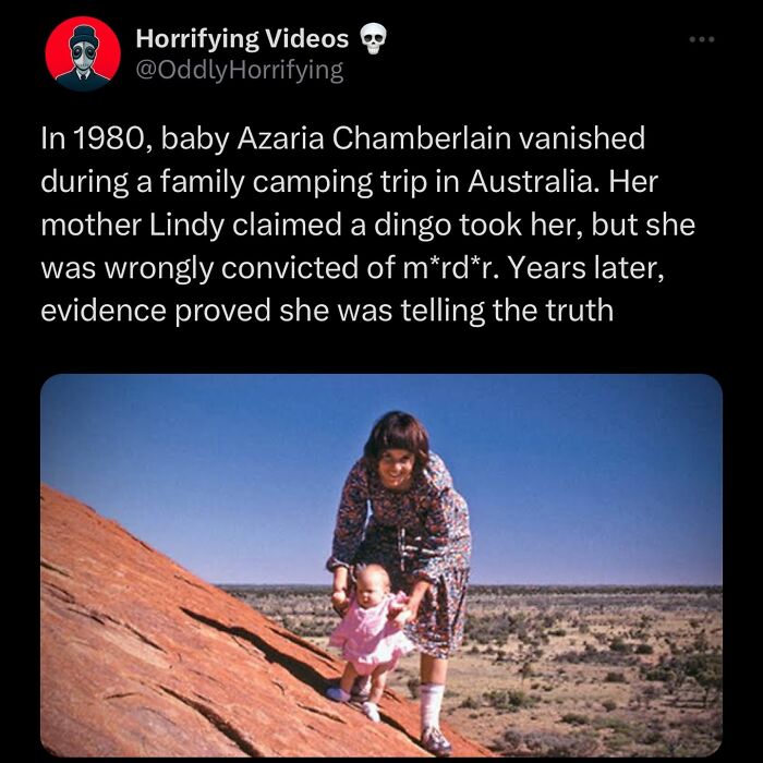 Tweet about the unnerving disappearance of baby Azaria Chamberlain with a vintage photo of her mother in the Australian outback.